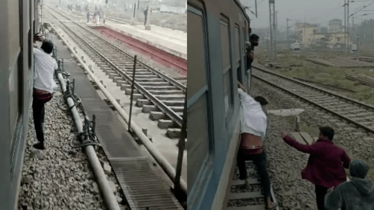 VIDEO: महिला का फोन छीनकर भाग रहे झपटामार को यात्रियों ने पकड़ा, 1 किमी तक चलती ट्रेन से लटकाए रखा